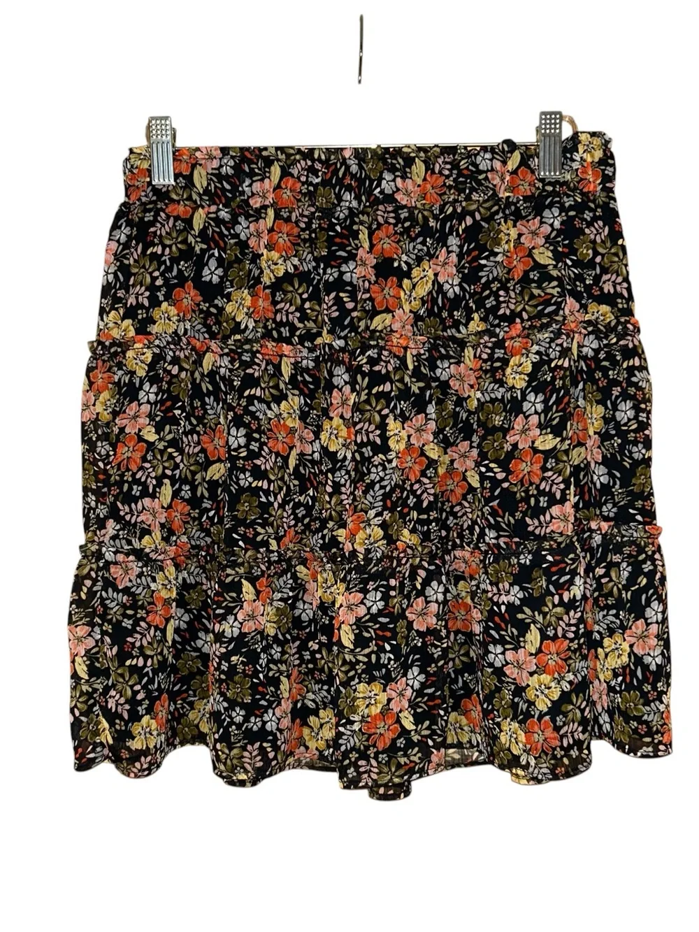 LOFT Floral Tiered Mini Skirt Women’s Small Black Pink Boho‎ Lined Pull On